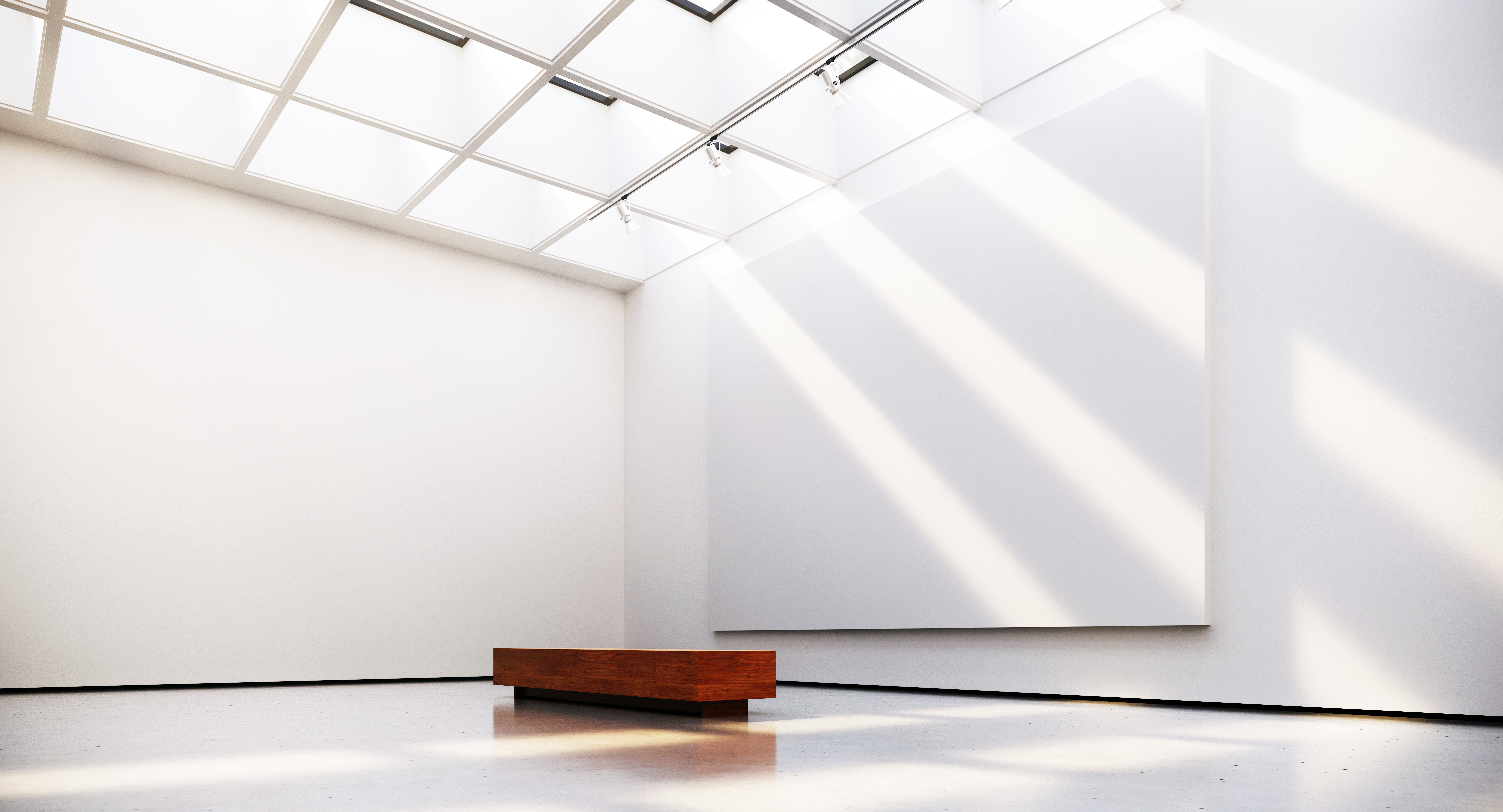 Interior of a minimalist art gallery with dramatic lighting